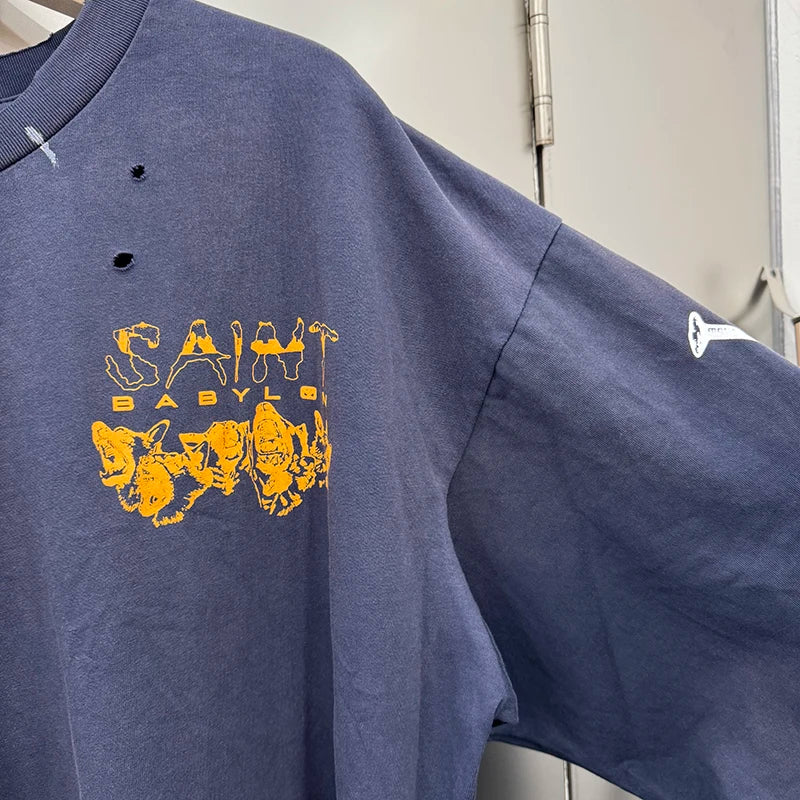 Autumn Retro Series Saint Three Inch Nail Blue Oversized T Shirt High Quality Cotton Men Women Fashion Long Sleeve Streetwear