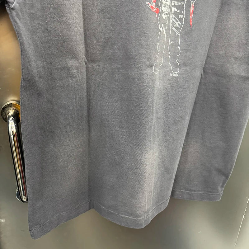 Splashed Ink SAINT Round Neck Loose Character Pattern Print Japan Style Vintage T Shirt