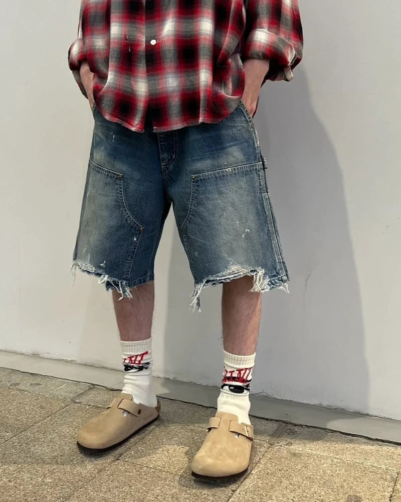 25ss Summer New Saint Washed Splash-ink Shorts for Men High Street Fashion Tassel Style Jeans Best Quality