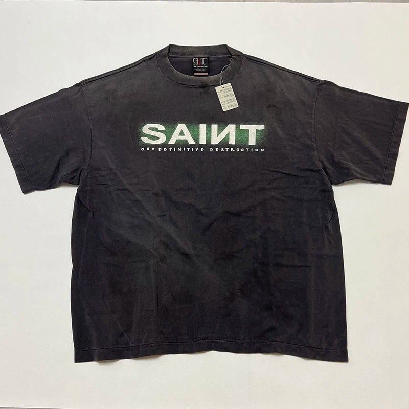 Washed Vintage Saint Letter Print Harajuku Oversized T Shirt High Street Casual Men Women 1:1 Cylindrical Tees