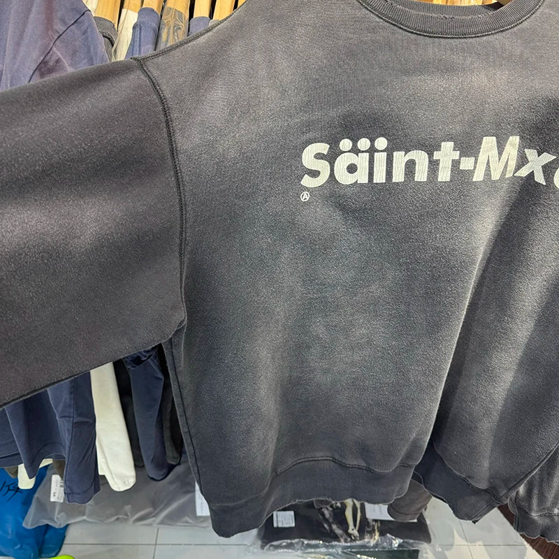 Washed Black SAINT MX6 Street Fashion Men Sweatshirts High Quality Cotton Winter Pullover