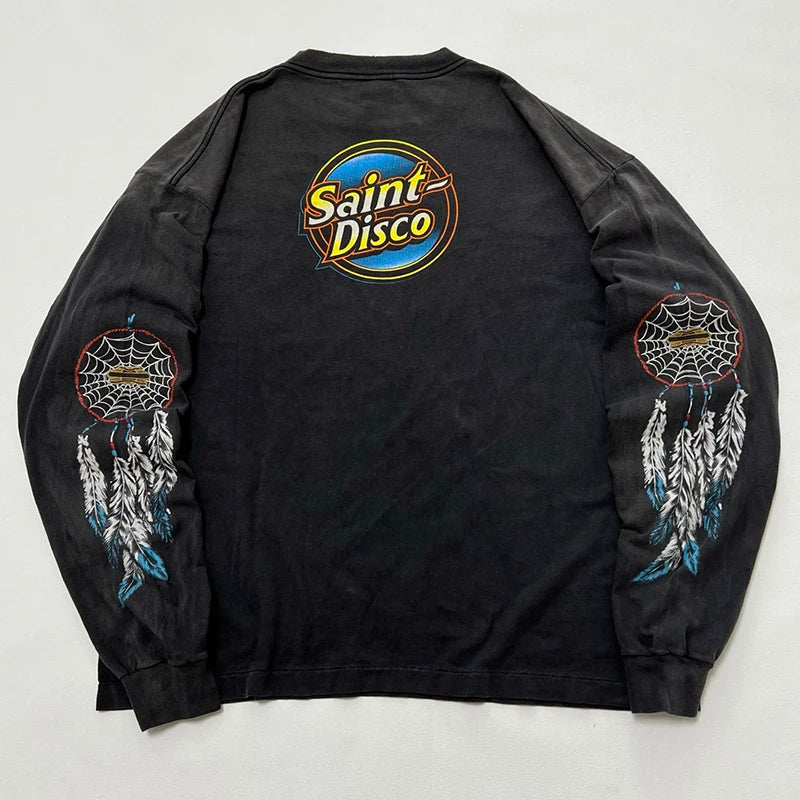 High Quality Retro Saint Crewneck Feather Print Oversized T Shirt Trend Splashed Ink Casual Men Women 1:1 Autumn Tops Streetwear