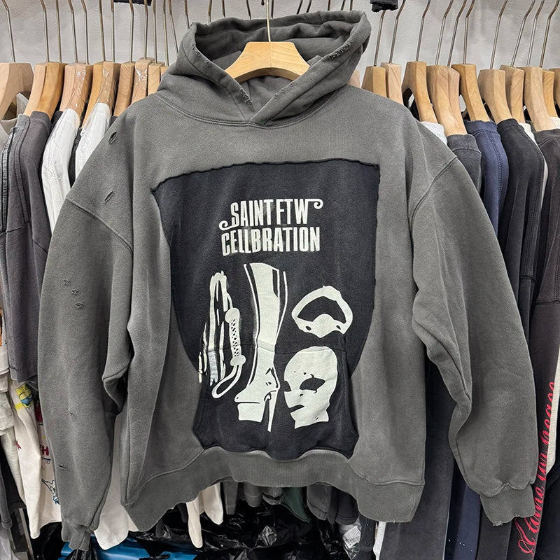 High Quality Washed Saint Retro Ripped CELLBRATION Girl in Red Graphic Hoodie Hip Hop Trend Sweatshirt Men Y2k