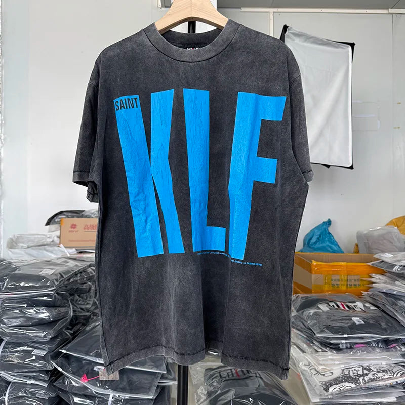 Blue Crack Print Saint Letter T Shirts for Men High Street Casual Washed Vintage Tees