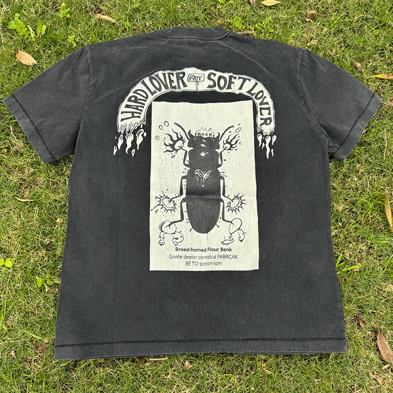 Street Fashion The Eternal Saint Letter Cartoon Skulls Print T Shirt for Men Summer Hip Hop Rap Loose Short Sleeve