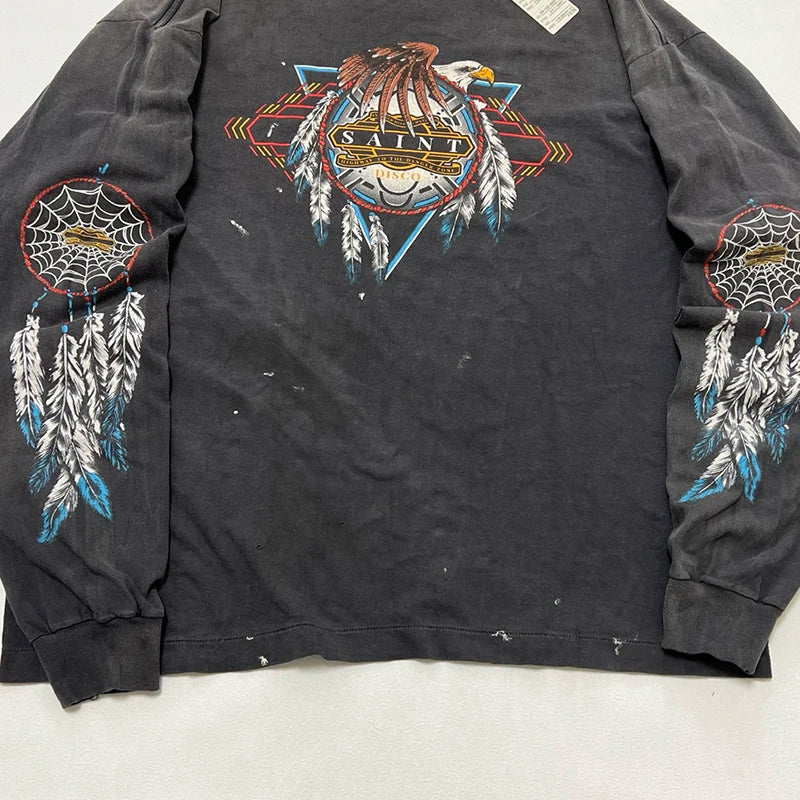 High Quality Retro Saint Crewneck Feather Print Oversized T Shirt Trend Splashed Ink Casual Men Women 1:1 Autumn Tops Streetwear