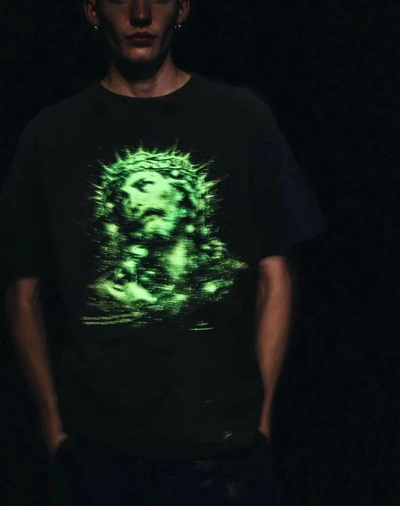 Vintage Washed Saint High Quality Portrait Print Graphic T Shirts Loose Luminous Summer Tops