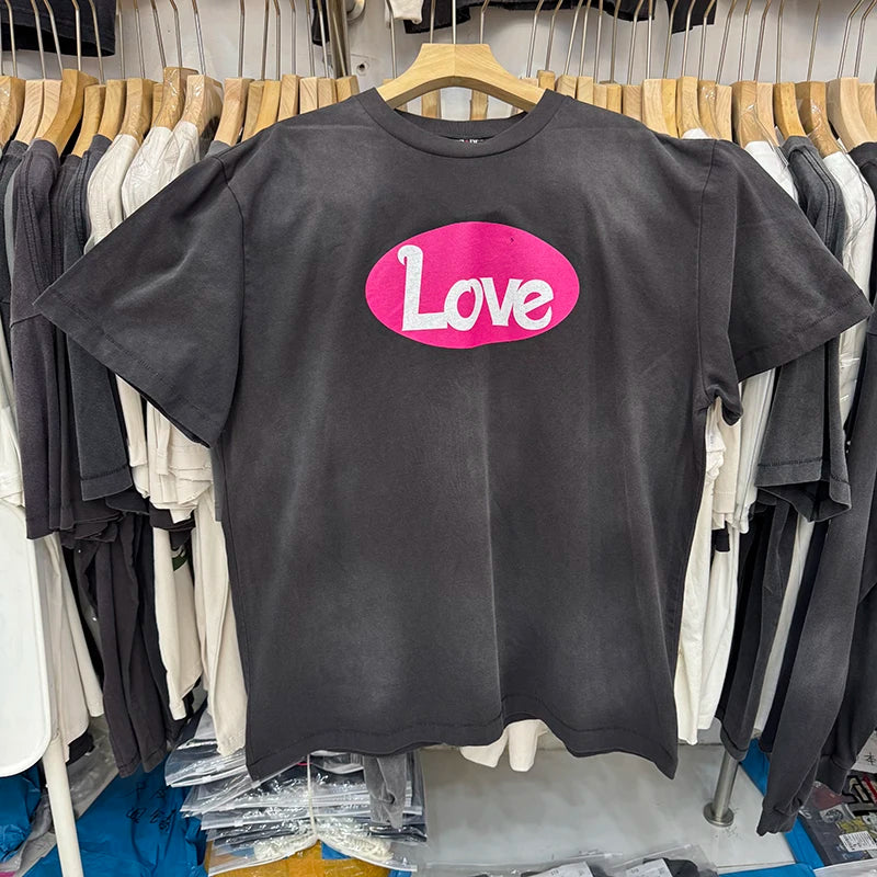 Washed Saint Letter Series Pink Print Skulls Graphic T Shirts High Street Casual Men Women Summer Tops