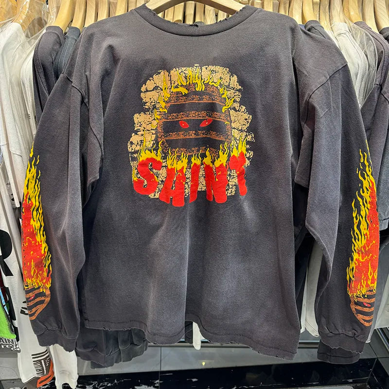 Spring Saint Washed Ripped Pure Cotton Flame Print Graphic T Shirts High Street Casual Men Women Fashion Long Sleeve Tees