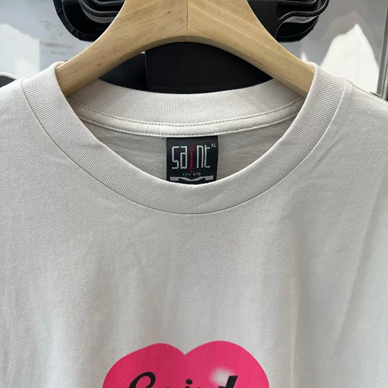 Pink Heart-shaped Saint Round Neck Oversized T Shirt High Street Casual Men Women 1:1 Summer Tees Aries Pattern