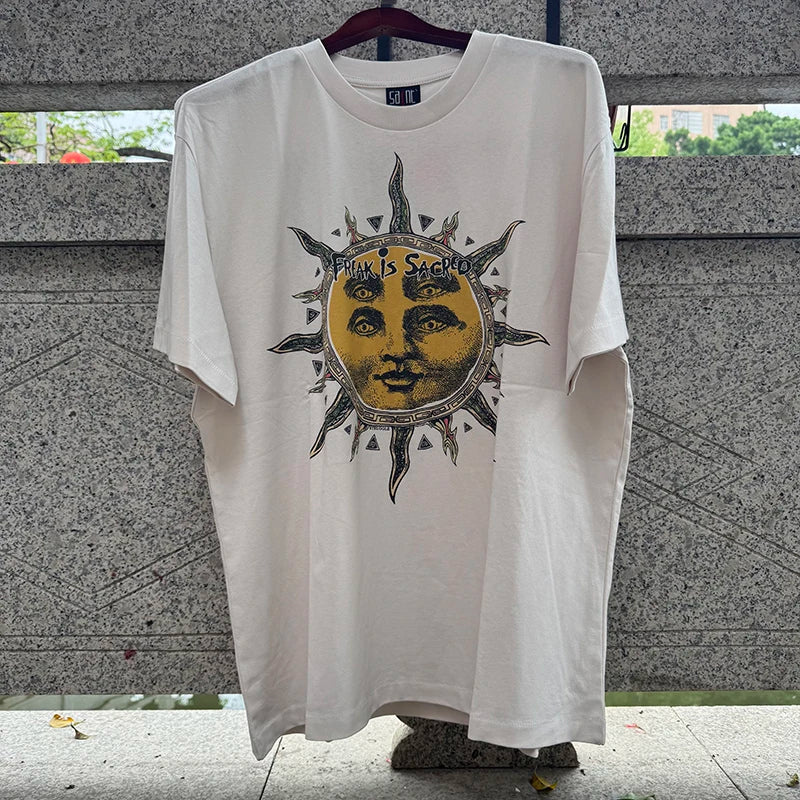 FLEA Letter Print Solar Disk Graphic T Shirts Summer Cotton Loose High Street Men Saint Popular Short Sleeve Tees