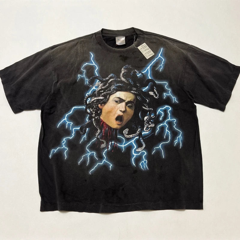 Washed Vintage Saint Letter Print Harajuku Oversized T Shirt High Street Casual Men Women 1:1 Cylindrical Tees