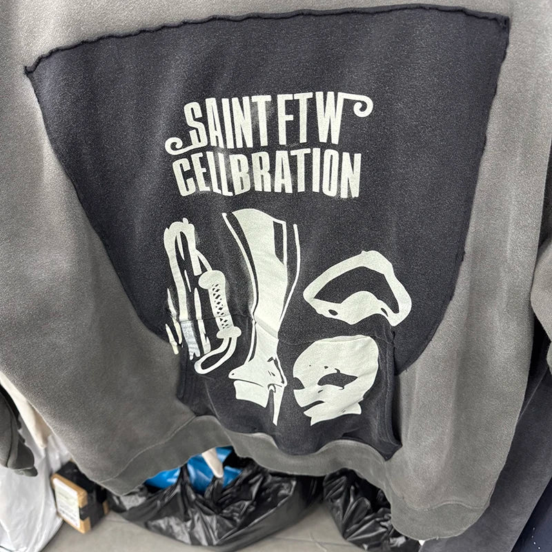 High Quality Washed Saint Retro Ripped CELLBRATION Girl in Red Graphic Hoodie Hip Hop Trend Sweatshirt Men Y2k