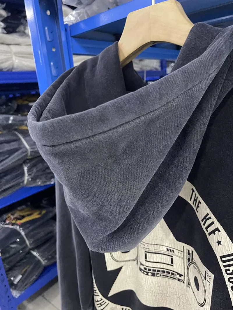 Best Quality Saint Washed White Print KLF Black Hoodies for Men Crack Pattern Trendy Street Pullover