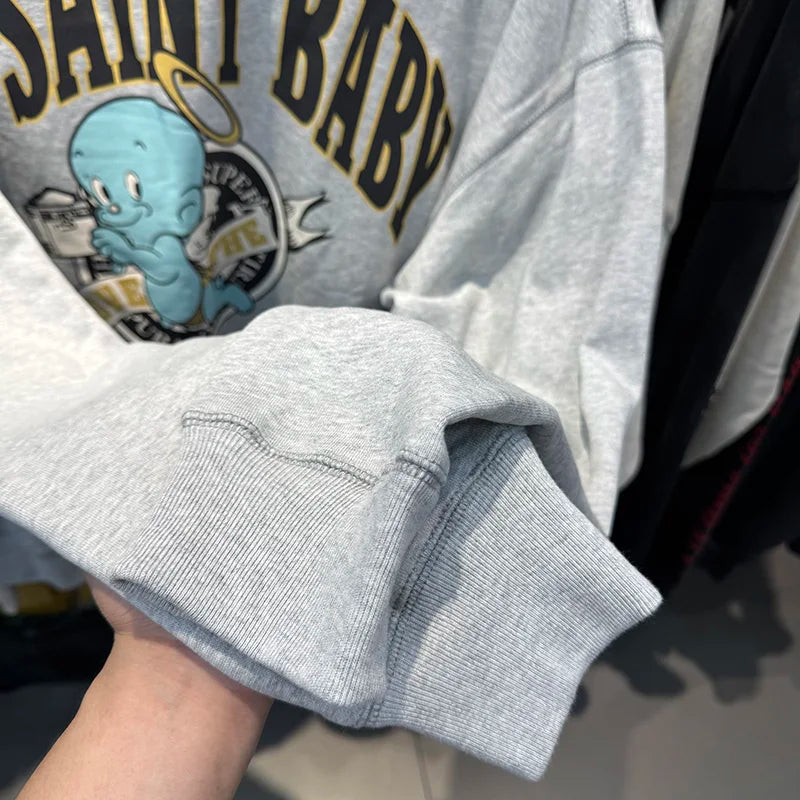 VTG SAINT Cartoon Angel Baby Retro Distressed Round Neck Loose Sweater Men Street Fashion Couple Pullover