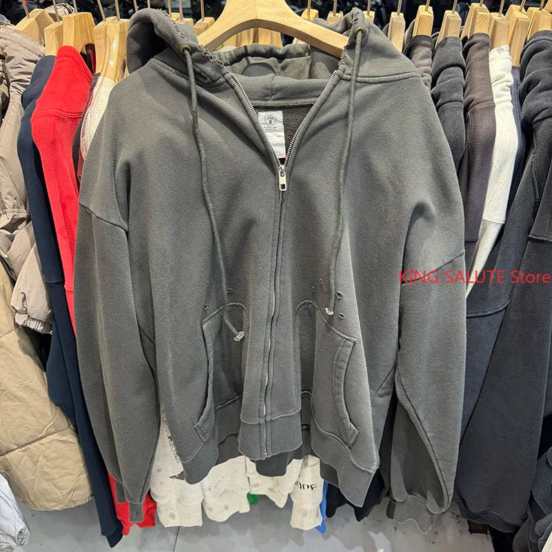 Zipper Series Saint Solid Color Hoodie Hole Distressed Washed Winter Fashion Cardigan