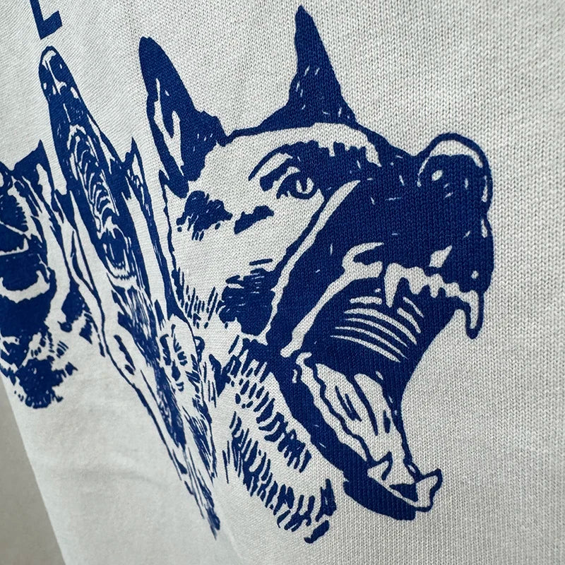 Best Quality American Retro Blue Dog Print Saint Men T Shirt Hip Hop Street Fashion Summer Tops