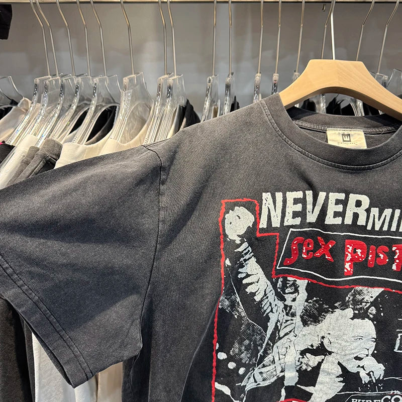 Fashion Summer Washed Distressed Short Sleeve Portrait Printed Rock Hip Hop Men Women Vintage T Shirt