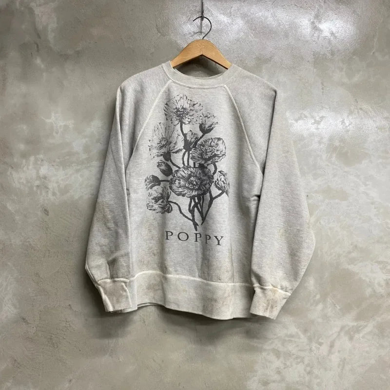 Retro Grey Saint Round Neck Flower Pattern Sweatshirt Fashion Washed Hole Streetwear Men