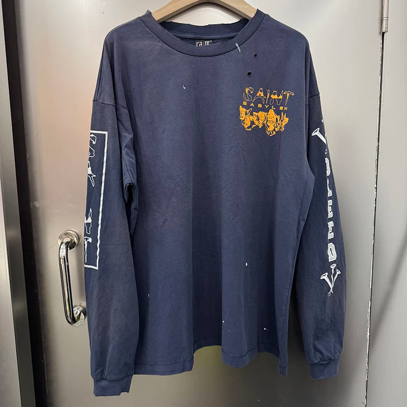 Autumn Retro Series Saint Three Inch Nail Blue Oversized T Shirt High Quality Cotton Men Women Fashion Long Sleeve Streetwear