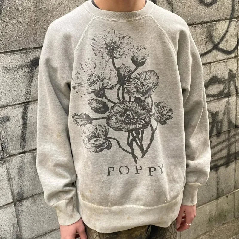 Retro Grey Saint Round Neck Flower Pattern Sweatshirt Fashion Washed Hole Streetwear Men