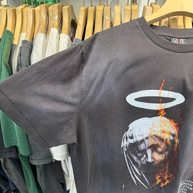 Saint Xxx Stb 25SS DEVIL DADDY Washed Distressed Oversized T Shirt Hip Hop Street Fashion