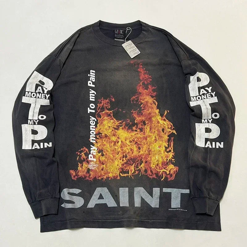 High Quality Saint Round Neck Soul Flame Vintage T Shirt Men Street Fashion Flame Word Long Sleeve