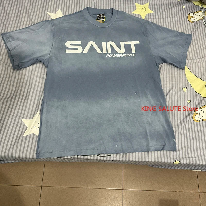 Street Fashion Saint Round Neck Retro Crack Letter Logo Green Printed Short Sleeve American Style Men T Shirt