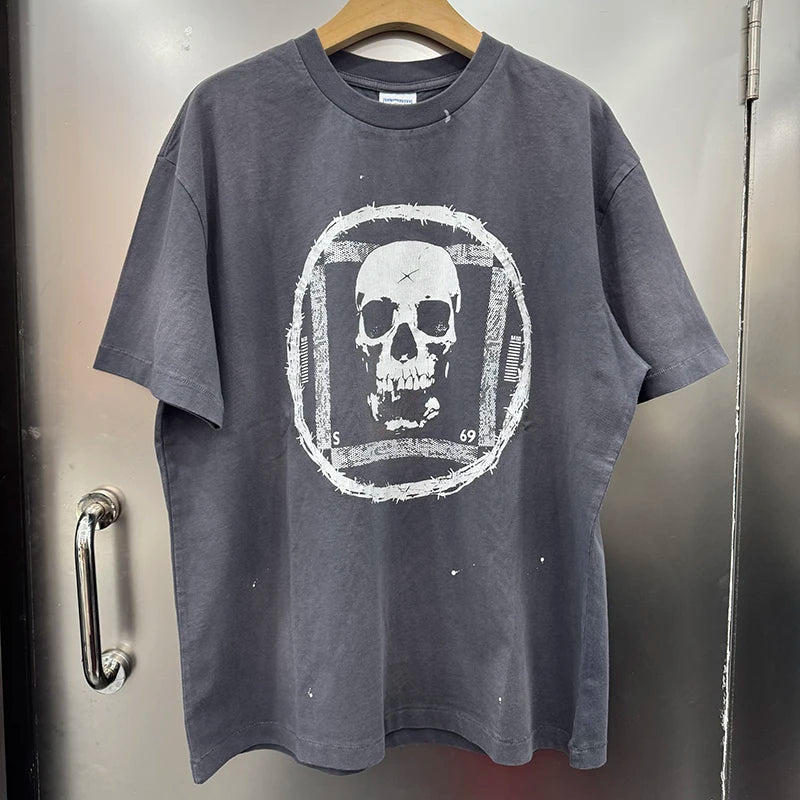 High Quality Saint X PERVERSION Distressed Cotton Loose Circular Skulls Graphic T Shirts Streetwear Men