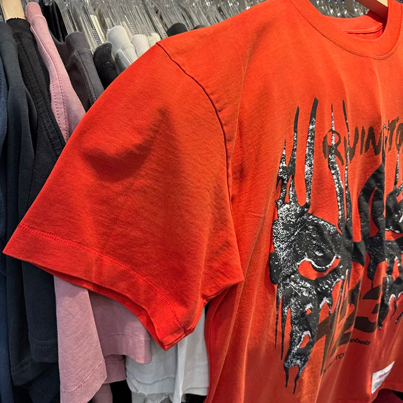 High Quality RRR123 Vintage Red Mens T Shirts X Letter Printed Summer Short Sleeve Streetwear