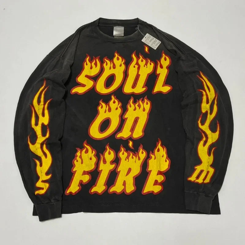High Quality Saint Round Neck Soul Flame Vintage T Shirt Men Street Fashion Flame Word Long Sleeve