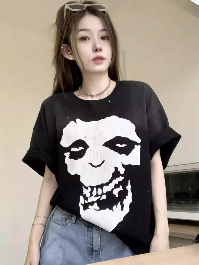 Simple Retro Style Saint Loose Cotton Skull Letter Print Vintage T Shirt Casual Summer Short Sleeve Streetwear Men