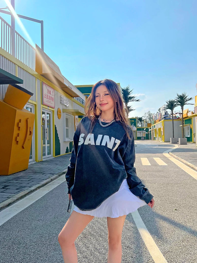 SAINT XXX STB Street Fashion Washed Distressed Letter Print American Style Vintage Casual Men Women Long Sleeve T-shirt