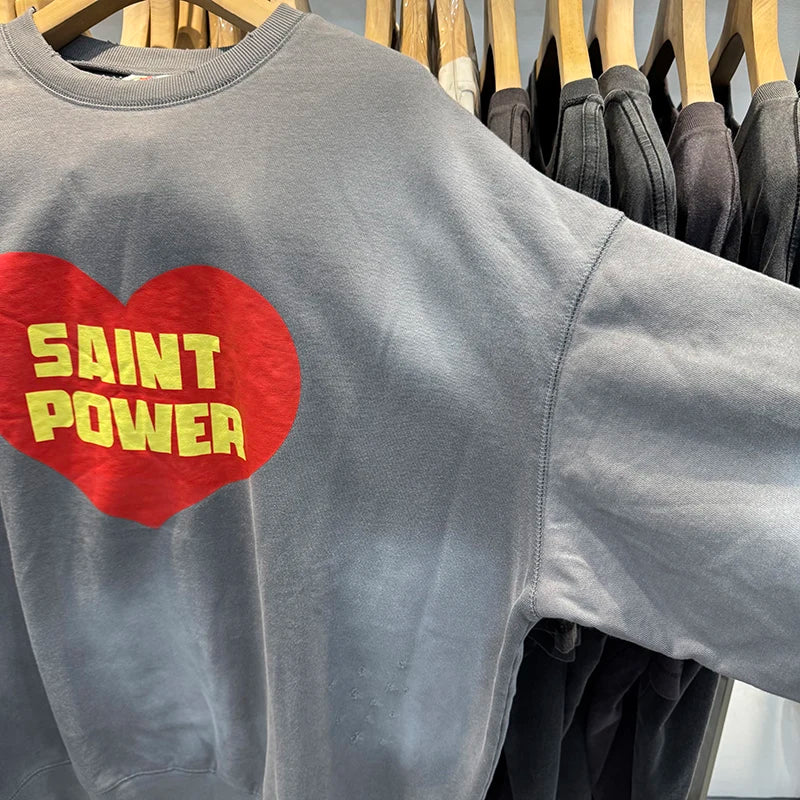 25FW Saint Round Neck Vintage POWRER Printed LOGO Washed Hole Sweatshirts Men Casual Fashion Autumn Tops