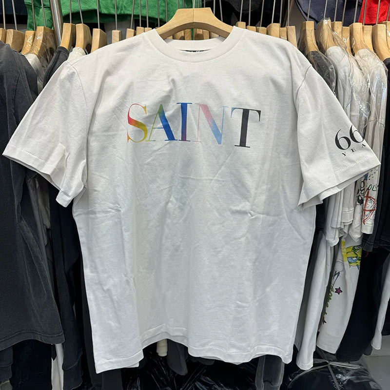 Rainbow Saint Letter Print Casual Men White T Shirt Pure Cotton Summer Tops
