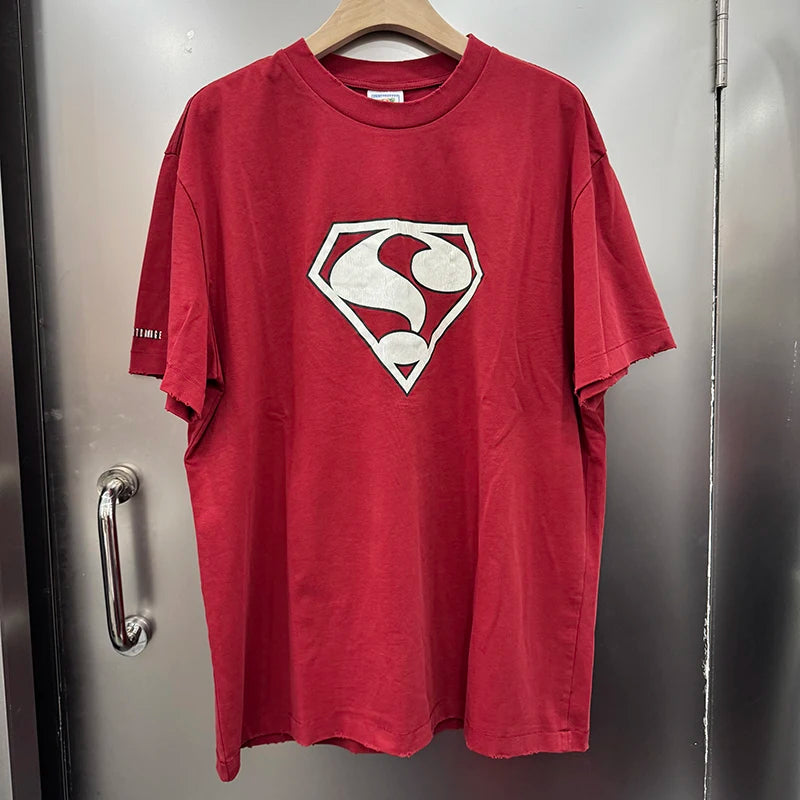 Retro Red Saint Washed 100%cotton Oversized T Shirt Japan Style Letter Crack Print Casual Fashion Short Sleeve