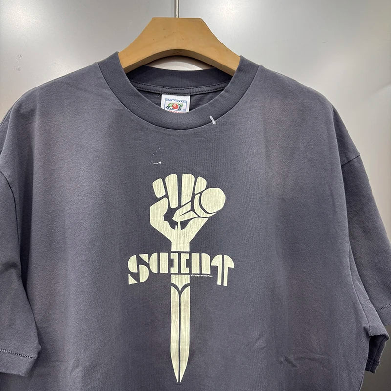 Retro Grey Saint Pure Cotton Cross-shaped Fist Microphone Pattern Print Men T Shirt