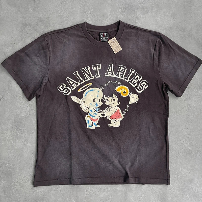 Street Fashion Saint Tears Washed Retro Vintage Short Sleeve High Quality Casual Cotton Oversized T Shirt