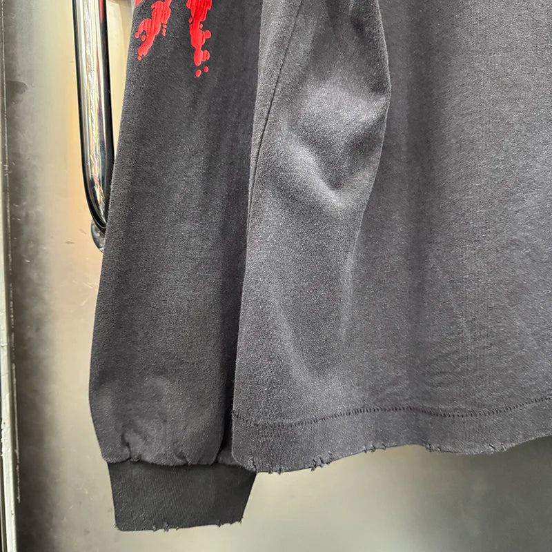 High Quality Saint O-Neck American Retro Skeleton King Graphic T Shirts Autumn Cotton Washed Trendy Long Sleeve Tops