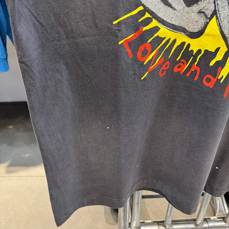 Dark Gray Saint Round Neck Fun Print Vintage T Shirt High Street Casual Men Women Fashion Short Sleeve