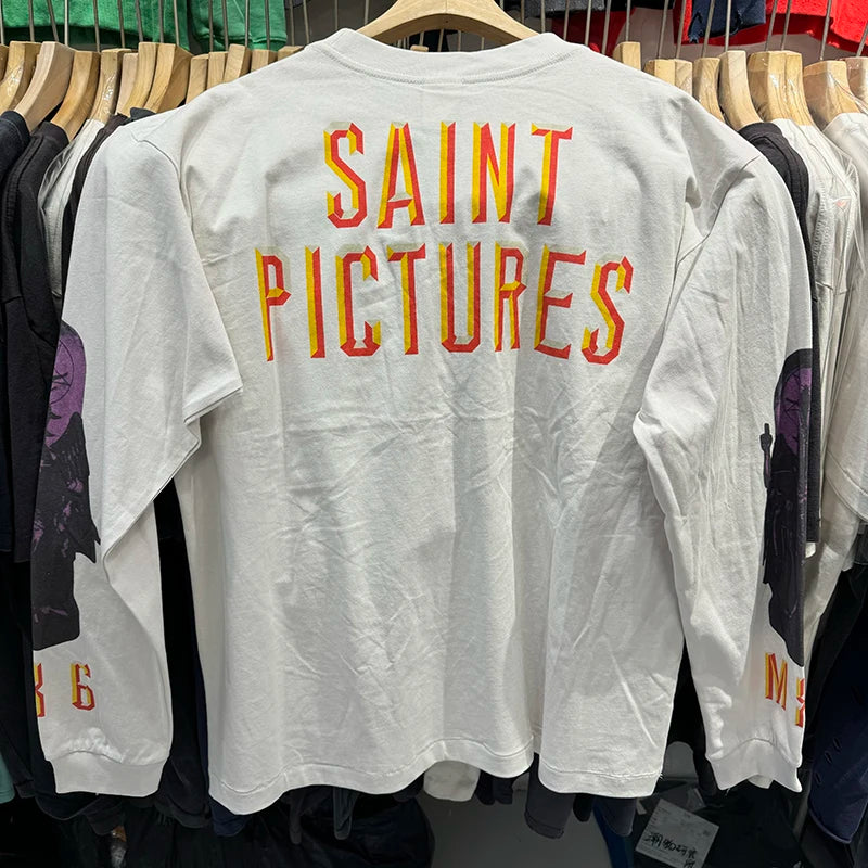 Vintage Casual SAINT Oversized T Shirt High Quality Pure Cotton Blue Sky Print Fashion Men Women Long Sleeve Tees
