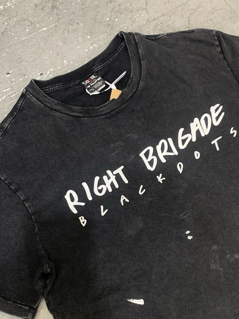 Splashed Ink Saint Crewneck Letter Print RIGHT BRIGADE Vintage T Shirt Casual Fashion Cotton Summer Short Sleeve