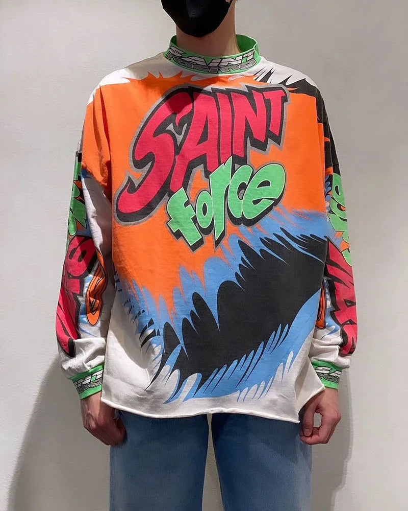 Street Fashion SAINT XXX STB Round Neck Oversized Men T Shirt Vintage Casual Cotton Autumn Long Sleeve Series