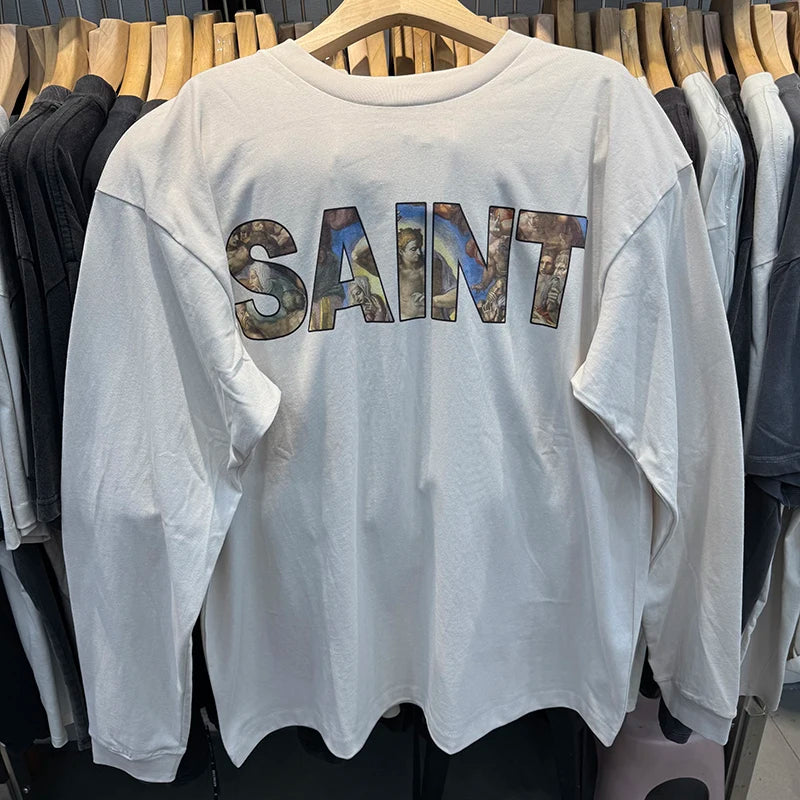 Gradient Color Letter SAINT Retro Washed Oversized T Shirt High Quality Japan Style Fashion Long Sleeve Tees