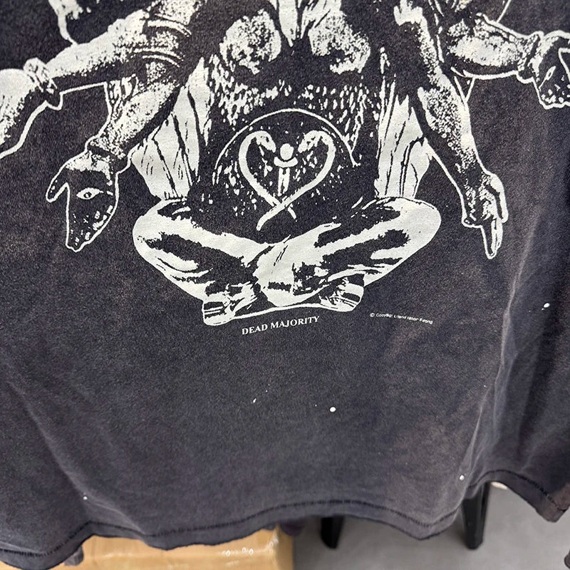 Washed Saint Loose Statue Printing Vintage Long Sleeve T-shirt Hip Hop Harajuku Ripped Tees