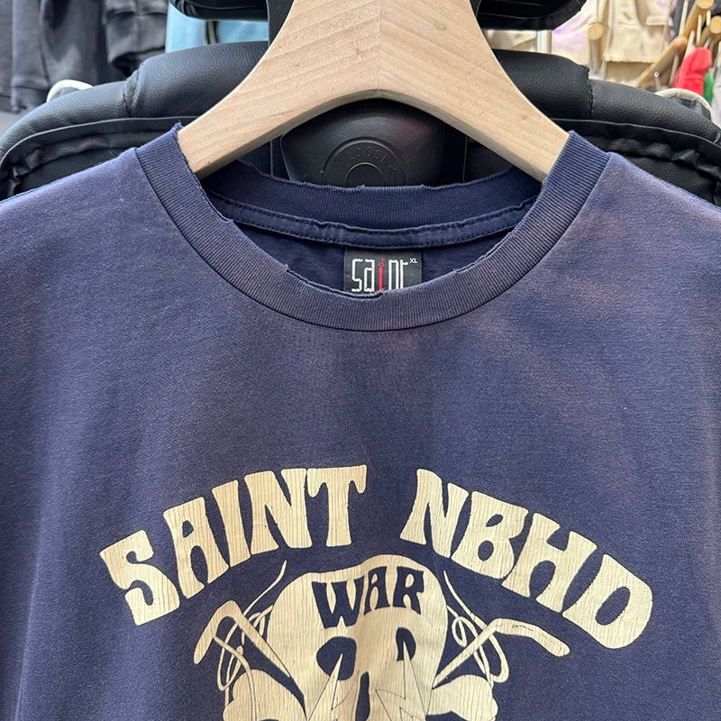2025 Washed Blue Series SAINT NBHD Pure Cotton Casual T Shirts for Men Loose Fashion Youth