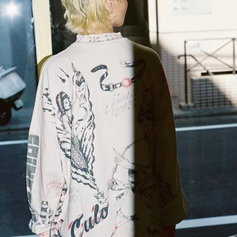 High Quality Saint Art Graffiti Printed Vintage T Shirt Autumn Cotton American Retro Fashion Letter Long Sleeve Men Streetwear