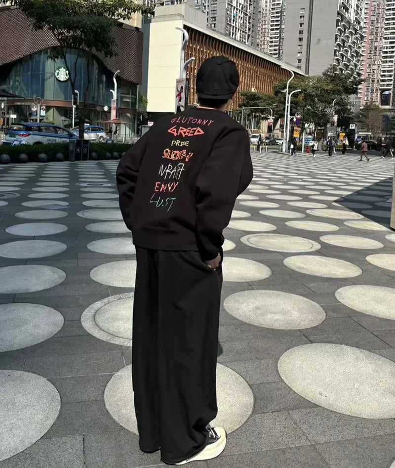 25FW Saint Casual Fashion Movie Slogan Black Sweatshirts Distressed Vintage Washed Pullover Men Harajuku