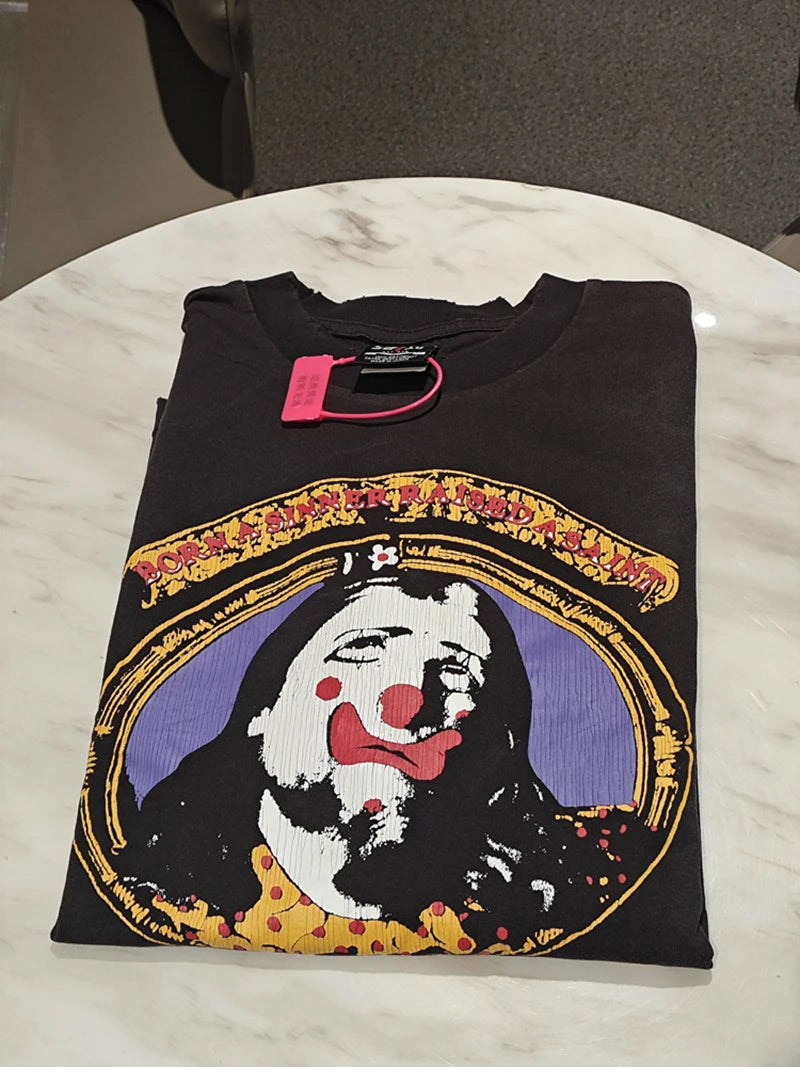 Fashion SAINT Loose Biscuit Print High Street Casual Men Women Vintage T Shirt Autumn and Winter Tops