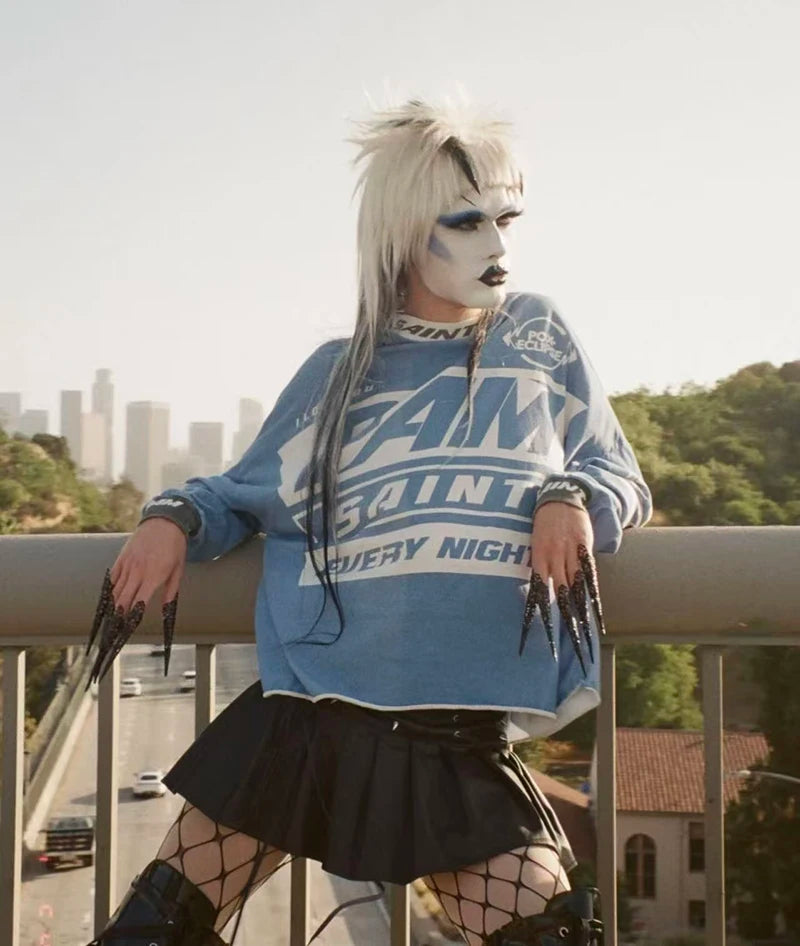 Retro Blue Saint Punk Style T Shirt Autumn Cotton Washed Loose Fashion Long Sleeve